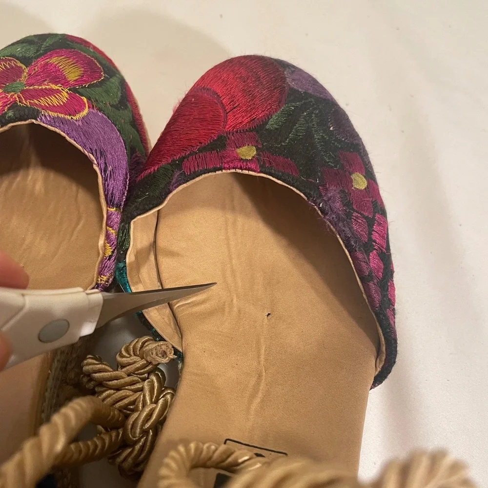 Ikal Bolom Floral Embroidered Espadrille Wedge Sandals Lace Up Ankle Ties Size 5